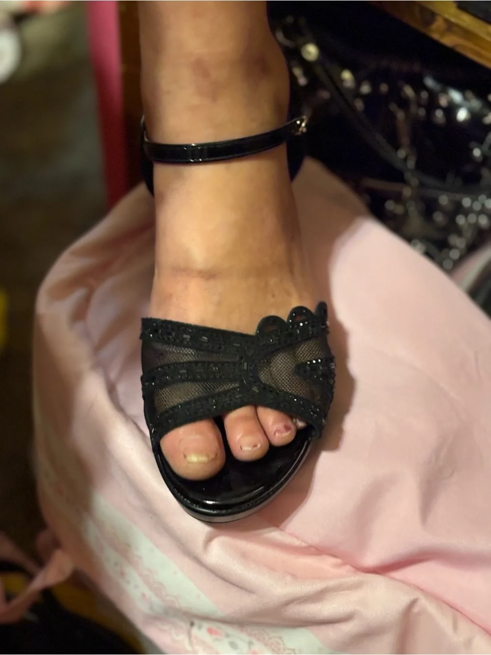 Elegant Black Mesh Ankle-Strap Heels with Beaded Detail